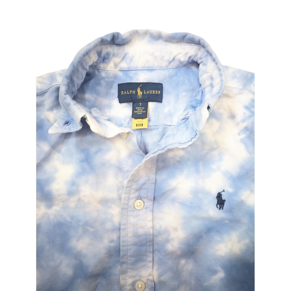 Ralph Lauren Boys Button Down Shirt Size 7 Blue White Tie‎ Dye Short Sleeve